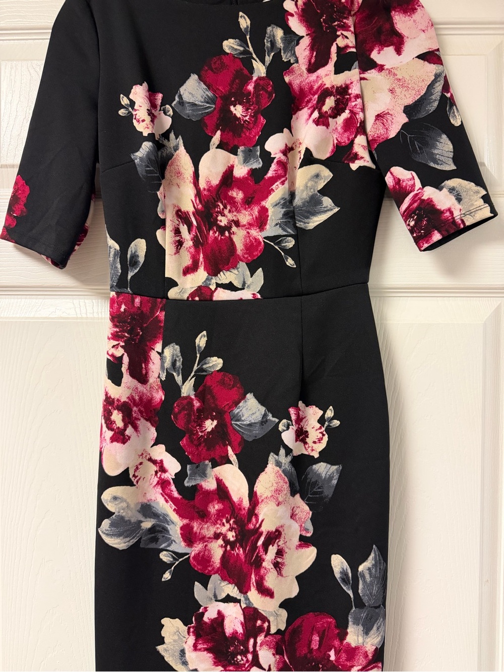 White House Black Market Black Midi Dress with Burgundy and Cream Floral Print - Picture 2 of 4